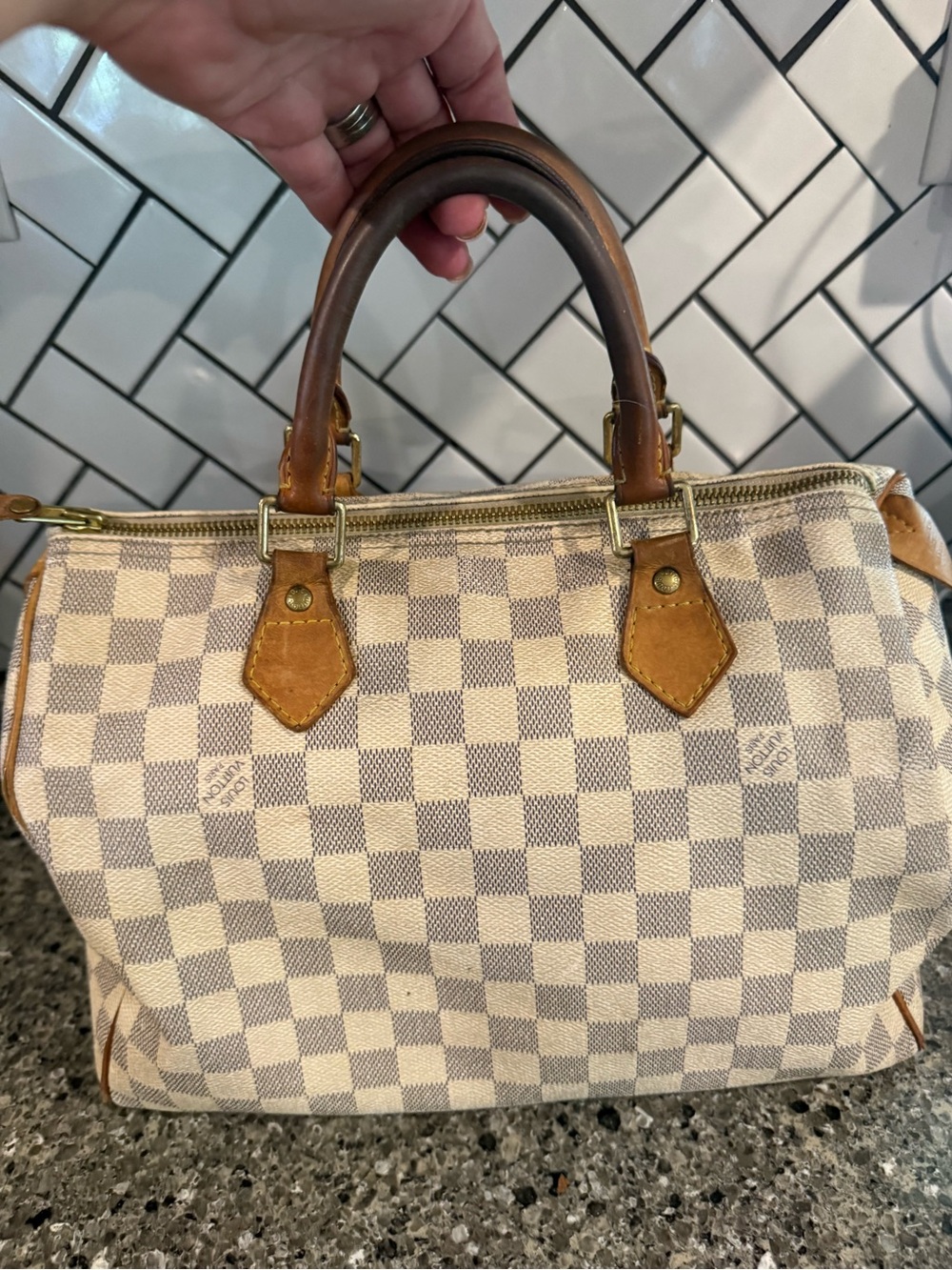 Louis Vuitton Cream and Tan Checkered Satchel with Brown Handles